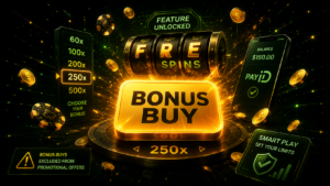 Slot machine activating a Bonus Buy feature with glowing reels and casino coins