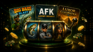Slot machine displaying newly released online pokies with three featured game themes