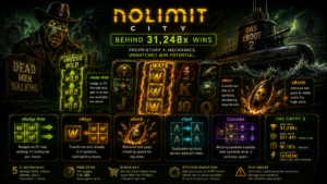 Slot reels demonstrating advanced x-mechanics with glowing symbols and multiplier effects
