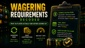 Casino slot machine with bonus symbols illustrating wagering requirements and bonus conditions